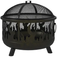 Outsunny Outdoor Metal Fire Pit, 24" Round Firepit Bowl w/ Lid Grill Poker Handles for Garden, Camping, BBQ, Bonfire, Black(m-2)
