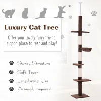 PawHut 102" Adjustable Height Floor to Ceiling Cat Tree, 5 Level Cat Tower with Scratching Posts, Hammock, Brown(m-4)