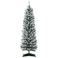 HOMCOM 5' Snow Flocked Artificial Pencil Christmas Tree, Slim Xmas Tree with Realistic Branches and Plastic Base Stand for Indoor Decoration, Green(m-1)