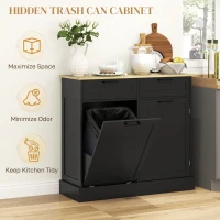 HOMCOM Hidden Garbage Bin Cabinet, Tilt Out Trash Cabinet w/ 2 Drawers, Freestanding Kitchen Island for Laundry, Black(m-4)