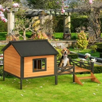 PawHut Outdoor Dog House with Porch, Wooden Dog Kennel with Water-resistant Asphalt Roof, Ladders, Fencing, Window, for Small and Medium Dog, Natural(m-10)