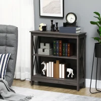 HOMCOM Industrial Style Corner Open Bookshelf with Storage Shelves and Metal X Bar Frame for Living Room, Dark Gray(m-10)