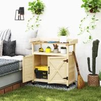 Outsunny Outdoor Wooden Potting Bench with Storage Cabinet, Aluminum Tabletop, Rubber Wheels for Backyard, Patio, Natural Wood(m-2)