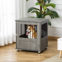 PawHut Dog Crate Furniture, Wooden End Table Furniture with Lockable Magnetic Doors, Small Size Pet Kennel Indoor Animal Cage, Gray(m-2)