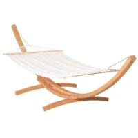 Outsunny Outdoor Hammock with Stand, Extra Large Heavy Duty Wooden Frame, No Tree Needed, 12.8' Indoor Outside Boho Style Nap Bed, Natural Cotton, White(m-1)