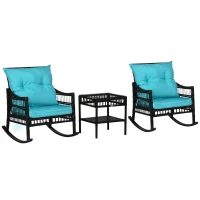 Outsunny 3 Pieces Outdoor PE Rattan Rocker Chair Set, Rocking Chair with Tempered Glass Table Top,25"x26"x28", Turquoise Green(m-11)