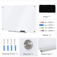 Vinsetto 35.5" x 23.5" Glass Magnetic Dry Erase Whiteboard, Frameless Board on Wall, with Dry Eraser, 4 Markers, and Pen Holder, White(m-5)