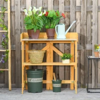 Outsunny Outdoor Garden Potting Bench Table Foldable Work Bench w/ Open Shelf Metal Tabletop Natural Wood Frame 33.5"x17.25"x35" Yellow(m-8)