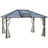 Outsunny 12' x 14' Hardtop Gazebo Canopy with Polycarbonate Roof, Aluminum Frame, Permanent Pavilion Outdoor Gazebo with Netting, for Patio, Garden, Backyard, Deck, Lawn, Gray, Brown(m-1)