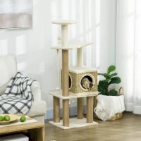 PawHut Modern Cat Tree with Scratching Posts and Rattan Cat House, Small Cat Tower for Indoor Cat Furniture, Beige(m-10)