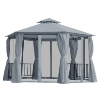 Outsunny 13ft Hexagon Gazebo Outdoor Canopy Shelter with Netting and Shaded Curtains Grey(m-11)