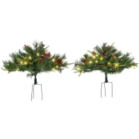 HOMCOM 2 Ft/22 inch 2 Pack Prelit Artificial Christmas Tree Cordless with 69 Branches, Warm White LED Lights, Red Berries, Pine Cones, for Outdoor Entryway, Green(m-1)