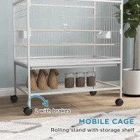 PawHut 52" Large Rolling Steel Bird Cage Bird House with Rolling Stand, Storage Shelf, Wood Perch, Food Container, Grey(m-5)