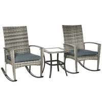 Outsunny 3 Pieces Patio Wicker Rocking Chair Set,  Outdoor PE Rattan Bistro Set Conversation Rocker Set with 2 Chairs 1 Coffee Table for Backyard, Deck, Poolside, Grey(m-11)