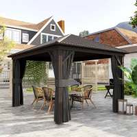 Outsunny 10' x 12' Outdoor Hardtop Gazebo Metal Roof Patio Gazebo with Aluminum Frame, Mesh Nettings, Dark Grey(m-9)