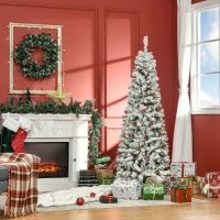 HOMCOM 6' Pencil Snow Flocked Artificial Christmas Tree with 600 Pine Realistic Branches, Pine Cones, Red Berries, Auto Open, Green(m-2)