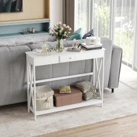 HOMCOM 39" Console Table, 2 Tier X-Design Narrow Entryway Table with Drawer and Storage Shelf for Behind Couch, Living Room, Hallway, White(m-8)