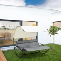 Outsunny Outdoor Double Chaise Rocking Chair, Day Bed Sun Lounger with Canopy Shade, Headrest Pillow, Armrests for Garden, Poolside, Light Gray(m-10)