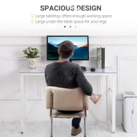 HOMCOM Office Table Glass Top Writing Desk Home Working Station Gaming Desk Metal Frame Easy Assembly, White(m-5)