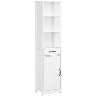 kleankin Modern Bathroom Cabinet, Narrow Storage Cabinet with 3 Open Shelves, Drawer, Recessed Door and Adjustable Shelf, White(m-1)