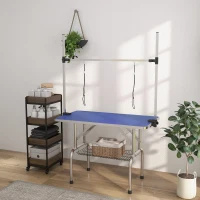 PawHut Adjustable Dog Grooming Table with 2 Safety Slings, Storage Basket, Blue(m-10)