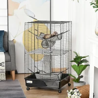 PawHut Small Animal Cage Ferret Cage with Wheels Hammocks Tunnels and 3 Doors Black(m-1)