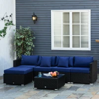 Outsunny 6 Pieces Outdoor PE Rattan Wicker Patio Furniture Sofa Set with Thick Cushions, Deluxe Garden Sectional Couch with Glass Top Table, Black and Dark Blue(m-9)