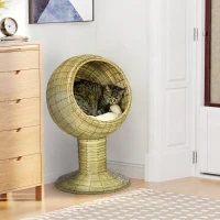 PawHut Elevated Cat Bed with Rotatable Egg Chair Pod, Cat Basket Bed with Thick Cushion, Natural Mat Grass Woven Kitty House, Yellow(m-10)
