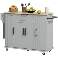 HOMCOM Modern Rolling Kitchen Island Cart with Drawers, Natural Wood Top, Towel Rack, Door Storage Cabinet, Grey(m-2)