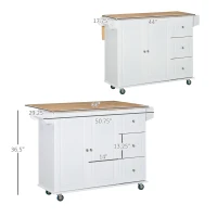 HOMCOM Mobile Kitchen Island Storage Trolley Cart on Wheels with Dropleaf Top, Towel/Spice Rack, 3 Drawers, 2-Door Cabinet, White(m-3)