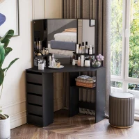 HOMCOM Corner Vanity Table, Makeup Vanity Table with 5 Drawers and Open Shelves, Dressing Table with 3-piece Mirror for Bedroom, Black(m-8)