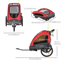 Aosom 3 In1 Baby Bike Trailer for 2 Kids, Foldable Double Jogger Stroller, 2-Seater Stroller with Shock Absorber System, Rubber Tires, Adjustable Handlebar Brake, Storage Bag, Red(m-3)