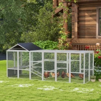 PawHut Wooden Chicken Coop Run for 6 - 10 Chickens, Hen House Add-On with Storage, Perches, 141.75" x 48" x 61", Gray(m-10)