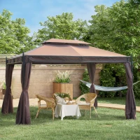 Outsunny 10x13ft Garden Gazebo Double-Tiered with Curtain Outdoor Shelter Backyard Canopy, Coffee(m-1)