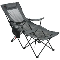 Outsunny Outdoor Folding Chaise Lounge Chair with Reclining Back, Headrest, Cup Holder, Carry Bag for Patio, Camping, Grey(m-11)