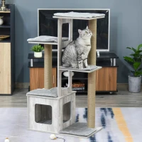 PawHut 45" Deluxe Plush Cat Tree Tower Activity Center Climbing Frame Kitten Play House with Jute Scratching Posts Condo Perch Cushion Grey(m-10)