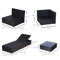 Outsunny 9 Pieces Wicker Patio Furniture Set with Cushion, PE Rattan Outdoor Conversation Set Sectional Sofa Set with 2 Loungers and Glass Tabletop, Aluminum Frame, Coffee & Red(m-3)