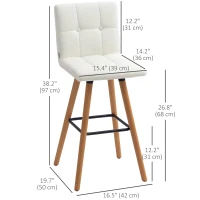 HOMCOM Modern Bar Stools Set of 2, 38" Upholstered Kitchen Island Stool with Solid Wood Legs, White(m-3)