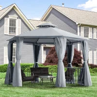 Outsunny 13ft Hexagon Gazebo Outdoor Canopy Shelter with Netting and Shaded Curtains Grey(m-1)