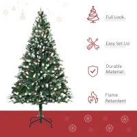 HOMCOM 6' Tall Unlit Snow-Flocked Fir Artificial Christmas Tree with Realistic Branches, Red Berries and 836 Tips, Green / White(m-4)