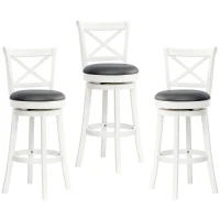 HOMCOM Traditional Bar Height Bar Stool, 31 Inch Seat Height Barstool, Swivel PU Leather Upholstered Chair, with Cross Back and Rubberwood Frame, Set of 3, Cream White(m-11)