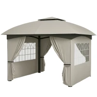 Outsunny 11' x 11' Outdoor Gazebo, Double Roof Patio Gazebo with Curtains, Church Windows, Galvanized Steel Frame, Light Gray(m-1)