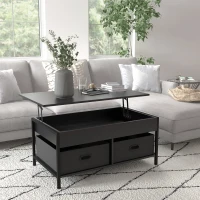 HOMCOM Industrial Coffee Table, Lift Top Coffee Table with Storage, Live Edge Coffee Table with Open Shelves and Fabric Boxes(m-1)