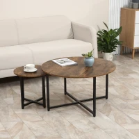 HOMCOM Round Coffee Table Set of 2, Industrial Living Room Tables with Metal Frame, Circle Coffee Tables for Living Room, Rustic Brown(m-10)