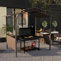 Outsunny 8'x5' BBQ Grill Gazebo, Outdoor Double Tiered Interlaced Polycarbonate Roof with Steel Frame, 2 Side Shelves, Brown(m-2)