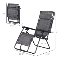 Outsunny 2 Piece Foldable Lounge Chair with Canopy Shade, Outdoor Zero Gravity Chair w/ Side Tray & Cup Holder, Reclining Lounger w/ Breathable Mesh Fabric Seat, Pillow, Dark Grey(m-3)