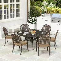 Outsunny 7 Pieces Outdoor Dining Set for 6, Aluminum Patio Table and Chairs Furniture Set with Umbrella Hole, Cushions, Bronze(m-9)