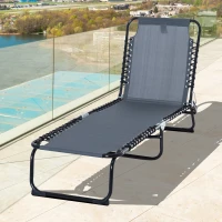 Outsunny Outdoor Folding Lounge Chair, 4-Level Adjustable Chaise Lounge with Headrest, Tanning Chair Beach Bed, Reclining Lounger Cot for Camping, Hiking, Backyard, Grey(m-11)