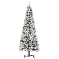 HOMCOM 6' Pencil Snow Flocked Artificial Christmas Tree with 600 Pine Realistic Branches, Pine Cones, Red Berries, Auto Open, Green(m-1)