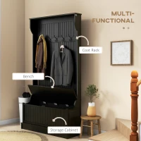 HOMCOM 3-In-1 Hall Tree w/ Coat Rack, Shoe Storage and Bench Seat, Entryway Bench w/ 4 Hooks for Hallway, Living Room, Black(m-4)